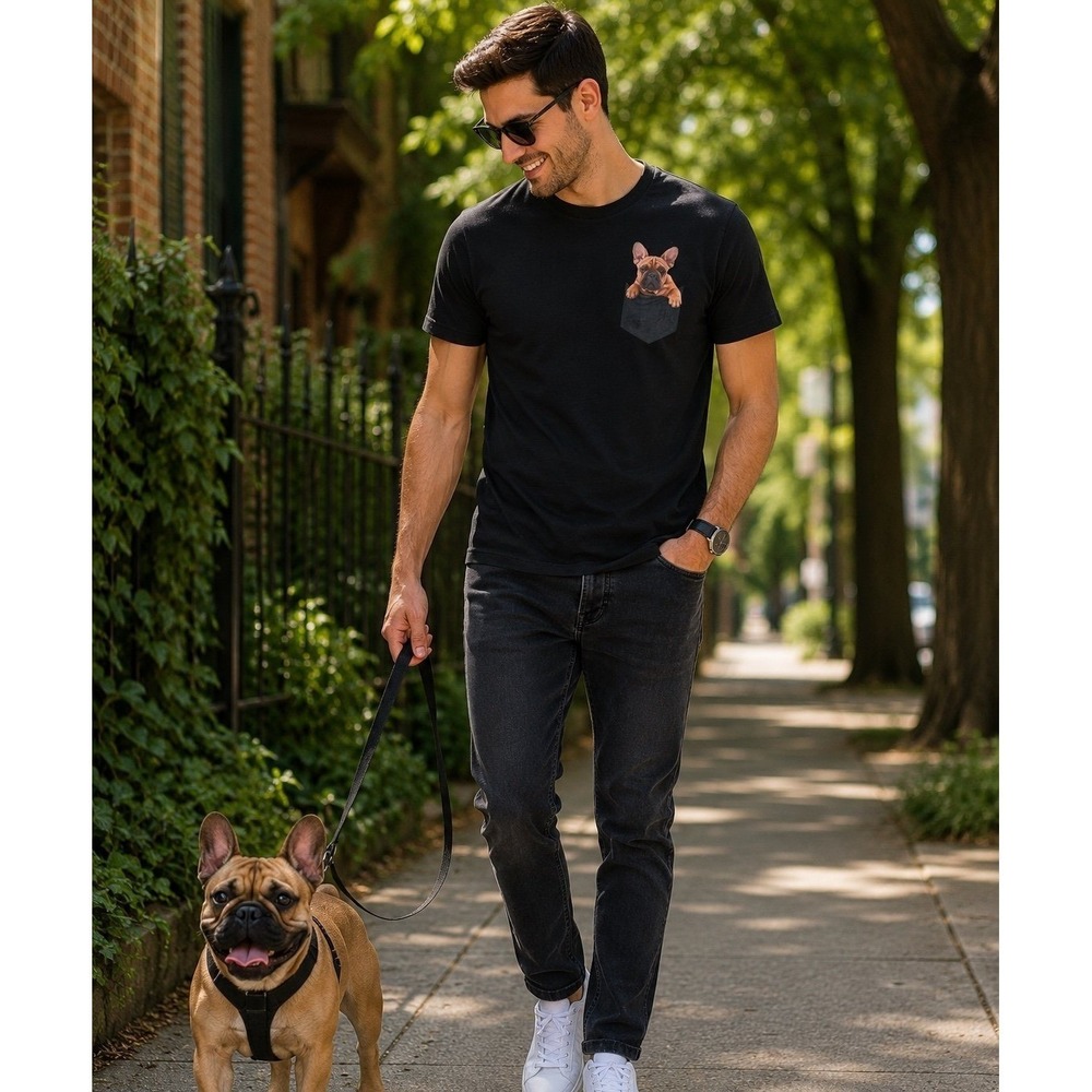 French‎ Bulldog Pocket Graphic T-Shirt Black Men's  Dog Lover Casual Tee